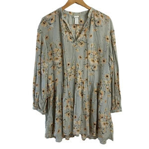 H&M Dress Size 2 Floral Sage Green Yellow Oversized Fit Long Balloon Sleeve Thin